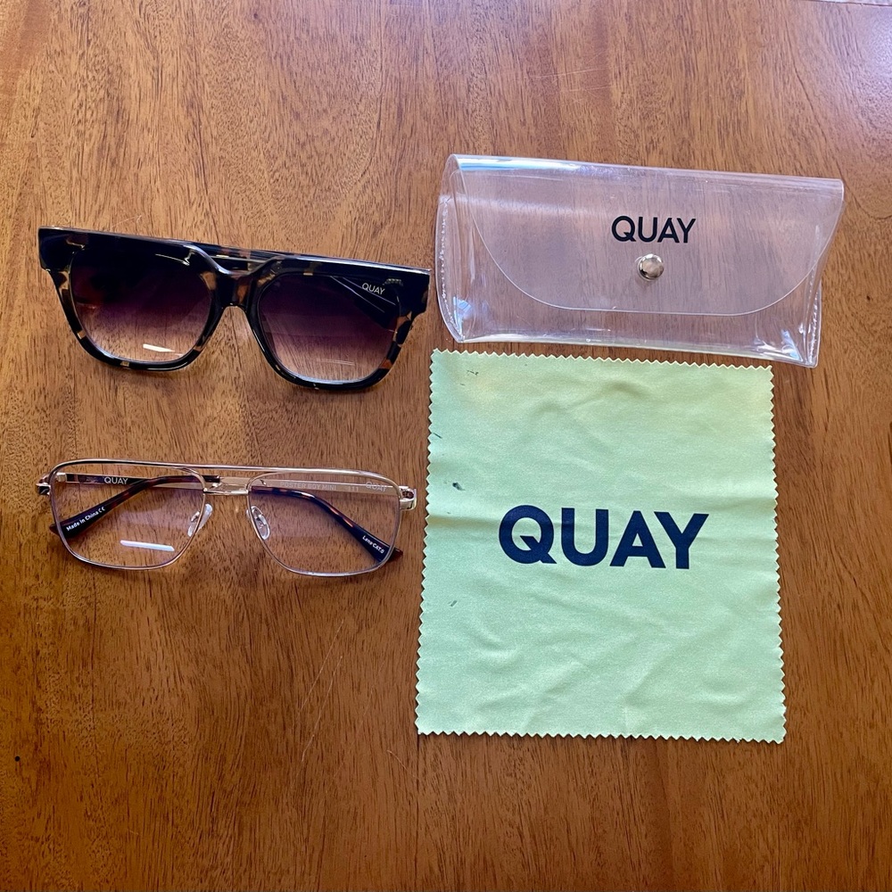 QUAY Set of 2: Poster Boy Mini Gold Clear Eyeglasses &  PSA square sunglasses